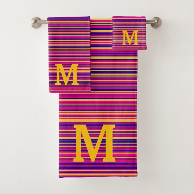 Conjunto De Toalhas Elegant blue pink and yellow stripes monogram (Insitu)