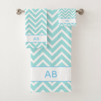 Conjunto De Toalhas Elegant Chevron Pattern & Monogram on Turquoise