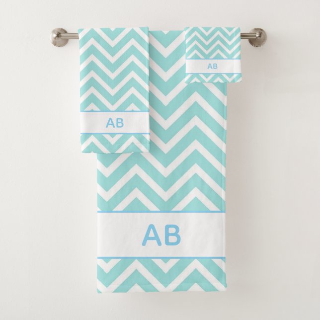 Conjunto De Toalhas Elegant Chevron Pattern & Monogram on Turquoise (Insitu)