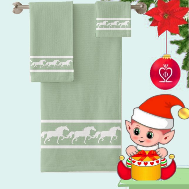 Conjunto De Toalhas Elegant, Chic White Horses on Laurel Green (Criador carregado)