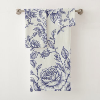 Conjunto De Toalhas Elegant Floral Blue Cream Roses Toile de Jouy