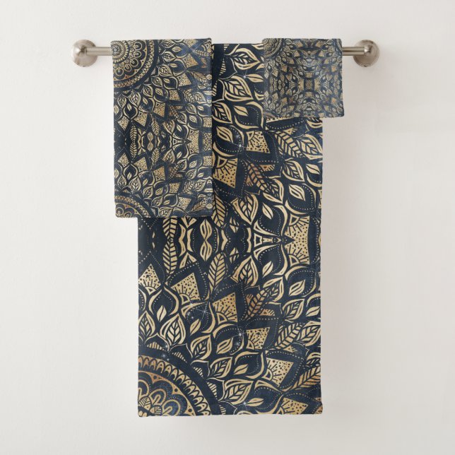 Conjunto De Toalhas Elegant Gold Blue Mandala Floral (Insitu)