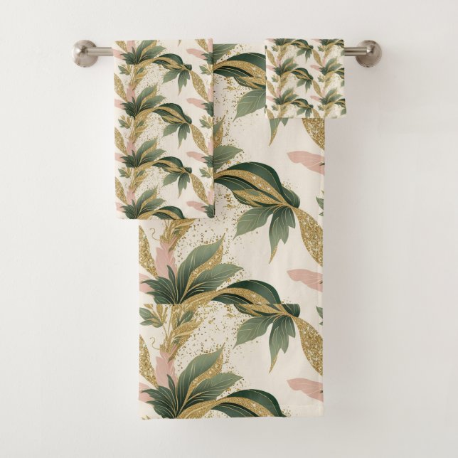 Conjunto De Toalhas Elegant Gold & Green Botanical Leaf Pattern (Insitu)