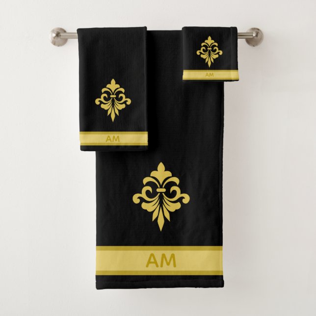 Conjunto De Toalhas Elegant Golden Flower, Monogram & Stripe on Black (Insitu)