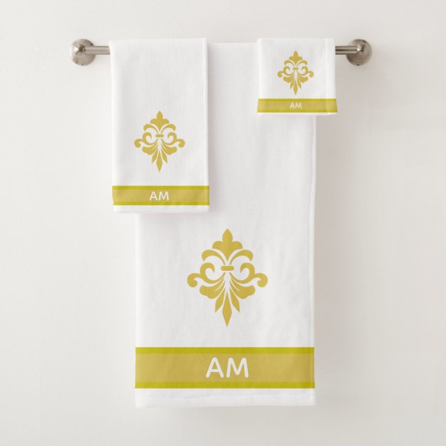 Conjunto De Toalhas Elegant Golden Flower, Monogram & Stripe on White (Insitu)