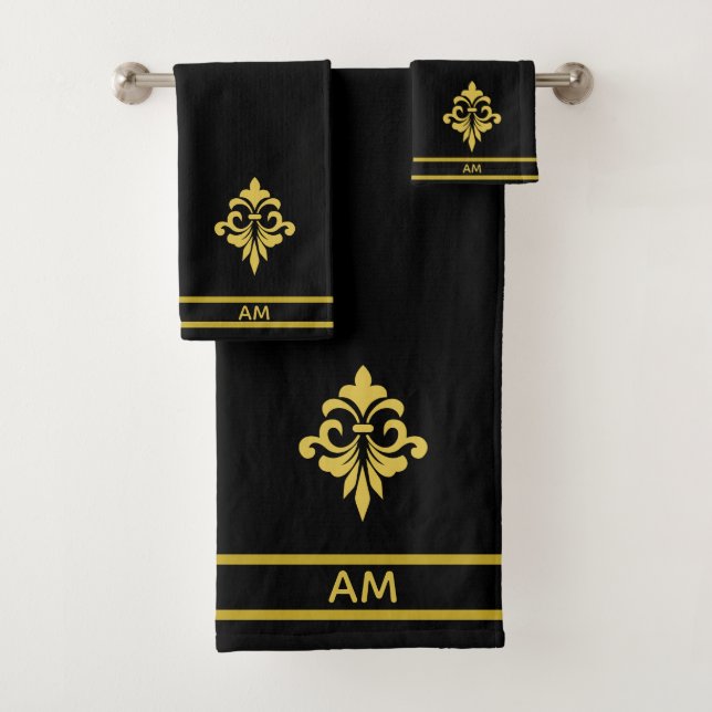 Conjunto De Toalhas Elegant Golden Flower, Monogram & Stripes on Black (Insitu)