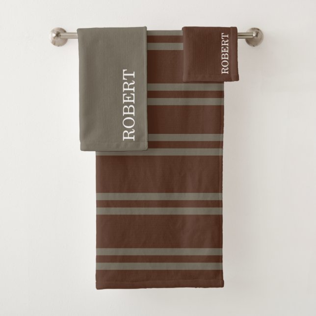 Conjunto De Toalhas Elegant Gray &Brown Strips Pattern Custom Name (Insitu)