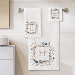 Conjunto De Toalhas Elegant Monogram Pretty Beige Blue Flowers Floral