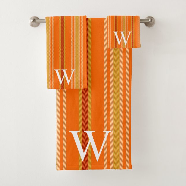 Conjunto De Toalhas Elegant orang & brown stripes pattern monogram (Insitu)