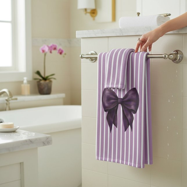 Conjunto De Toalhas Elegant Purple Bow Striped Bathroom Set (Criador carregado)