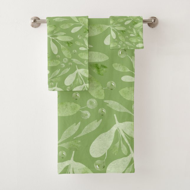 Conjunto De Toalhas Elegant Rustic Watercolor Leaves Sage Green  (Insitu)