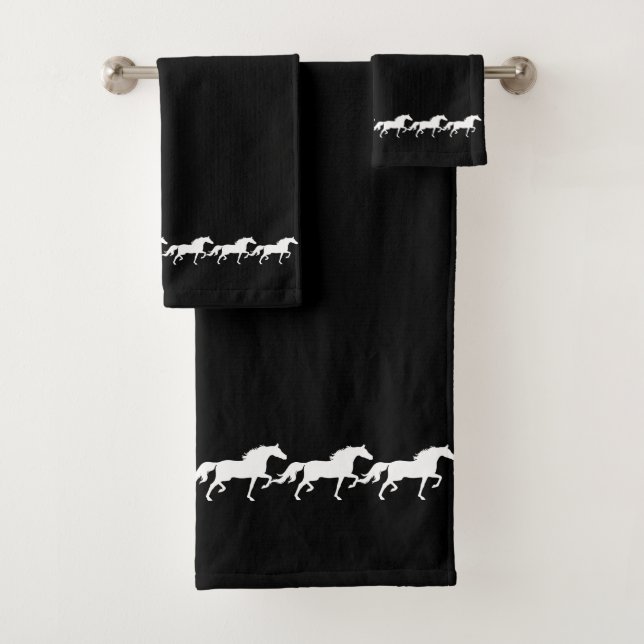 Conjunto De Toalhas Elegant Stylish White Horses on Black (Insitu)