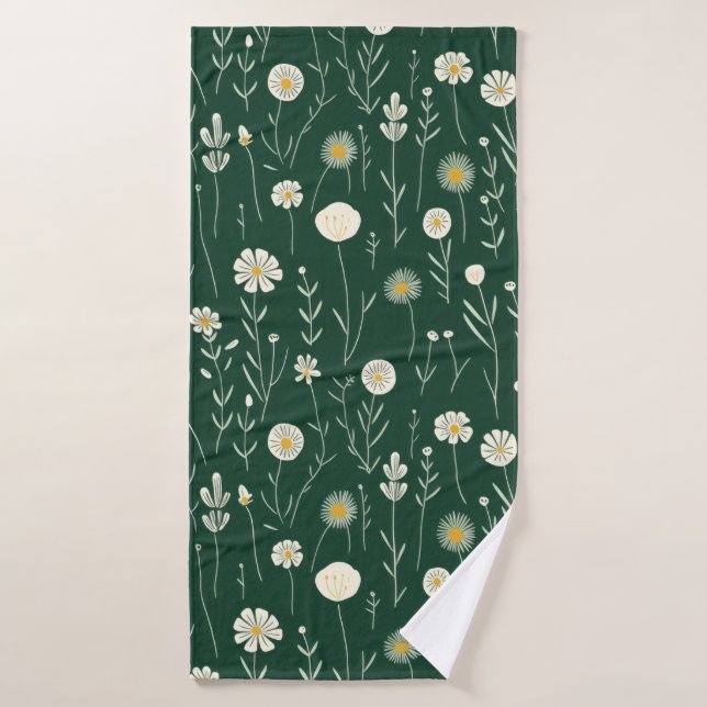 Conjunto De Toalhas Elegant Wildflower Pattern on Dark Green  (Toalha de Banho)