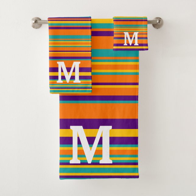 Conjunto De Toalhas Elegant yellow purple and orang stripes monogram (Insitu)