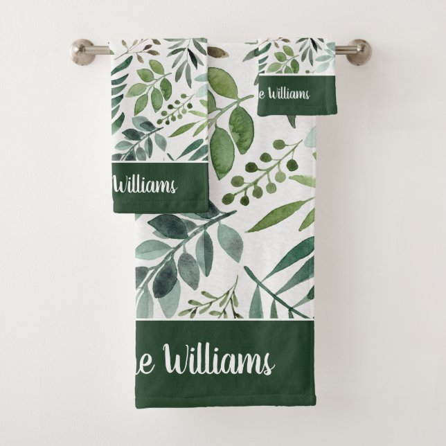 Conjunto De Toalhas Elegante Aquarela Verde Deixa Personalizado  (Insitu)