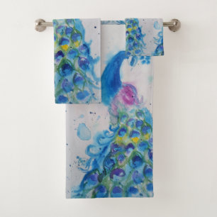 Conjunto De Toalhas Elegante Blue Peacock Watercolor Art Bird Girls