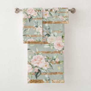 Conjunto De Toalhas Elegante Blush Eucalyptus Sage Verde Dourado