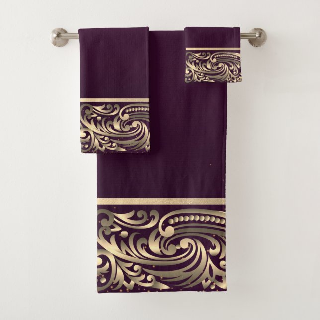 Conjunto De Toalhas Elegante Chic Dourado Swirls Burgundy (Insitu)