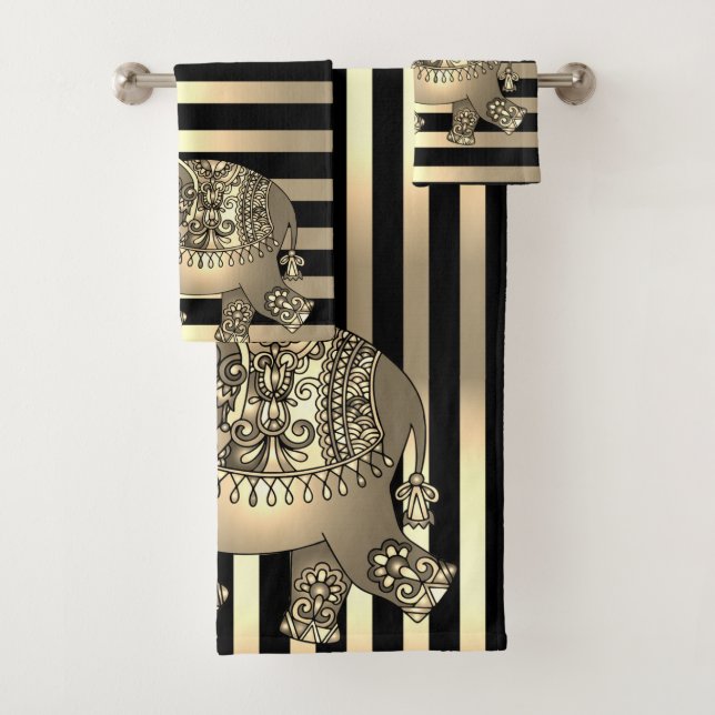 Conjunto De Toalhas Elegante Chic Listras Douradas Elefante (Insitu)