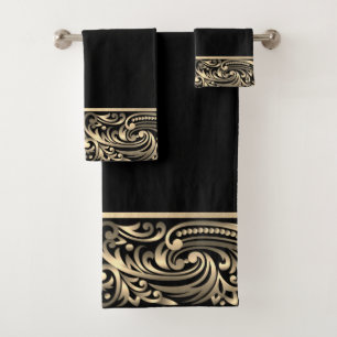 Conjunto De Toalhas Elegante Chic Redemoinhos Preto Dourado