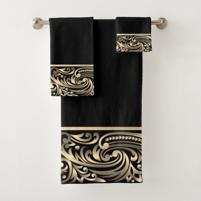 Conjunto De Toalhas Elegante Chic Redemoinhos Preto Dourado (Insitu)