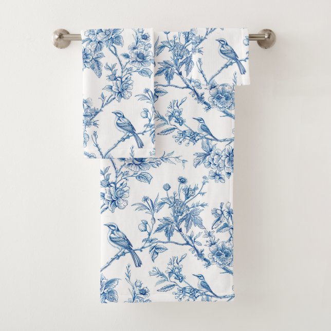 Conjunto De Toalhas Elegante Chinoiserie Floral Azul (Insitu)