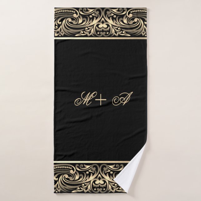Conjunto De Toalhas Elegante Chique Chic Monograma com Espirais Dourad (Toalha de Banho)