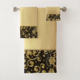 Conjunto De Toalhas Elegante Chique Preto Dourado Flores