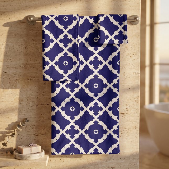 Conjunto De Toalhas Elegante Clássico Azul Marinho e Branco Padrão Mos (Criador carregado)