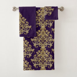 Conjunto De Toalhas Elegante Damasco Dourado Roxo Vintage