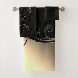 Conjunto De Toalhas Elegante Damasco Preto com Redemoinhos Dourados