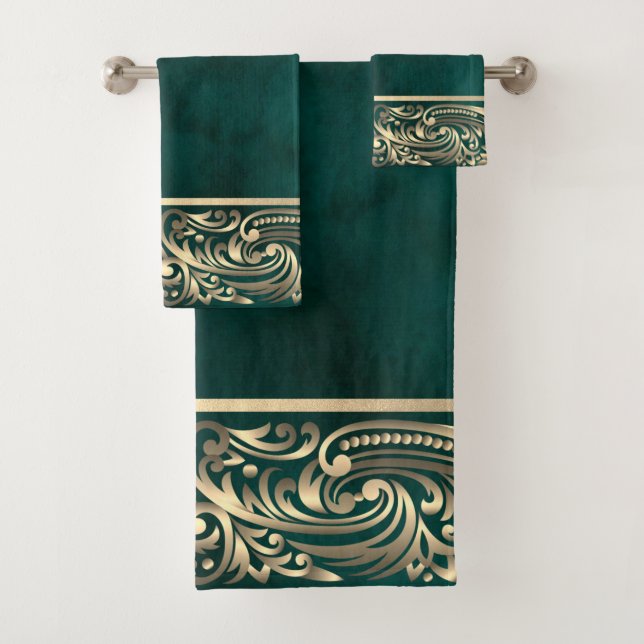 Conjunto De Toalhas Elegante Dourado com Ondulações Verde Chique (Insitu)