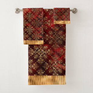 Conjunto De Toalhas Elegante Dourado, Damask Burgundy Red Modern