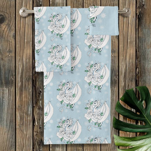 Conjunto De Toalhas Elegante Dragão de Gelo Branco Rosas Azuis Fantasi