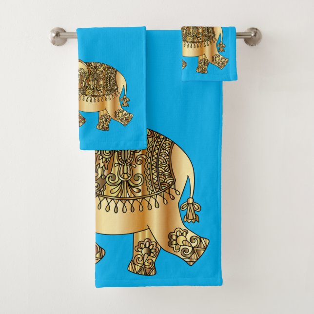 Conjunto De Toalhas Elegante Elefante Paisley Dourado Azul (Insitu)