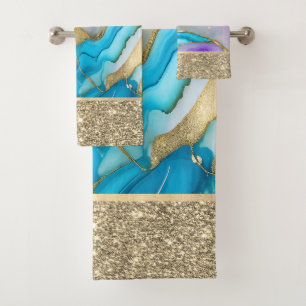 Conjunto De Toalhas Elegante Estiloso Mármore Dourado, Azul, Violeta