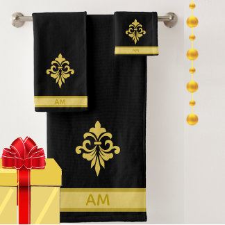 Conjunto De Toalhas Elegante Flor Dourada, Monograma e Listra em Preto