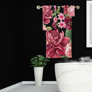 Conjunto De Toalhas Elegante Flores vermelhos a aquarela e preto verde