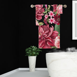 Conjunto De Toalhas Elegante Flores vermelhos a aquarela e preto verde