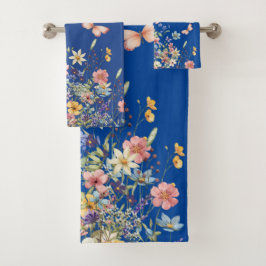 Conjunto De Toalhas Elegante Fundo Azul Cobalto Floral Botânico Ba