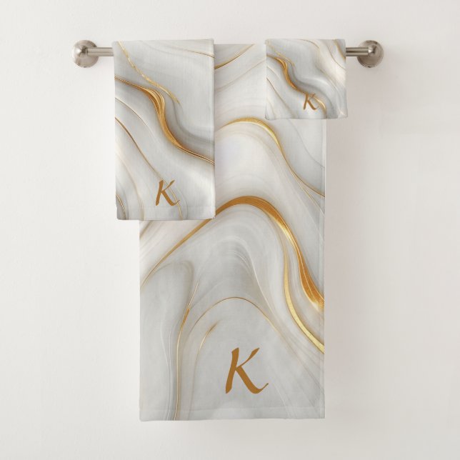 Conjunto De Toalhas Elegante Inicial de Redemoinho de Mármore Branco C (Insitu)