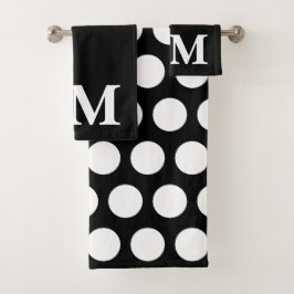 Conjunto De Toalhas Elegante inicial monograma com bolinhas preto e br