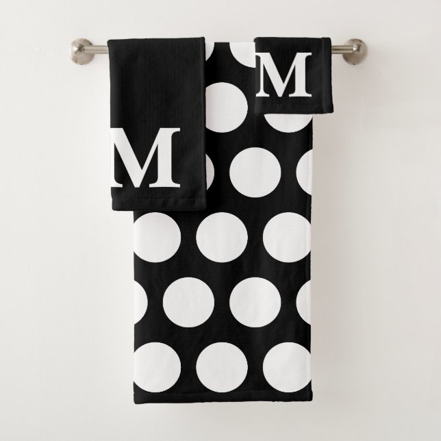 Conjunto De Toalhas Elegante inicial monograma com bolinhas preto e br (Insitu)