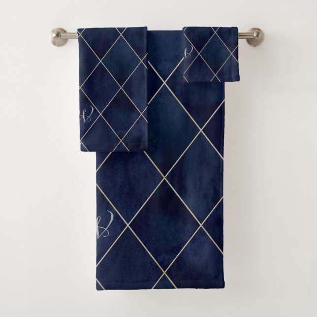 Conjunto De Toalhas Elegante Luxurioso Argyle Royal Blue Beige Dourado (Insitu)