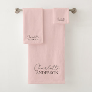 Conjunto De Toalhas Elegante Minimalista Nome Simples Rosa Bege