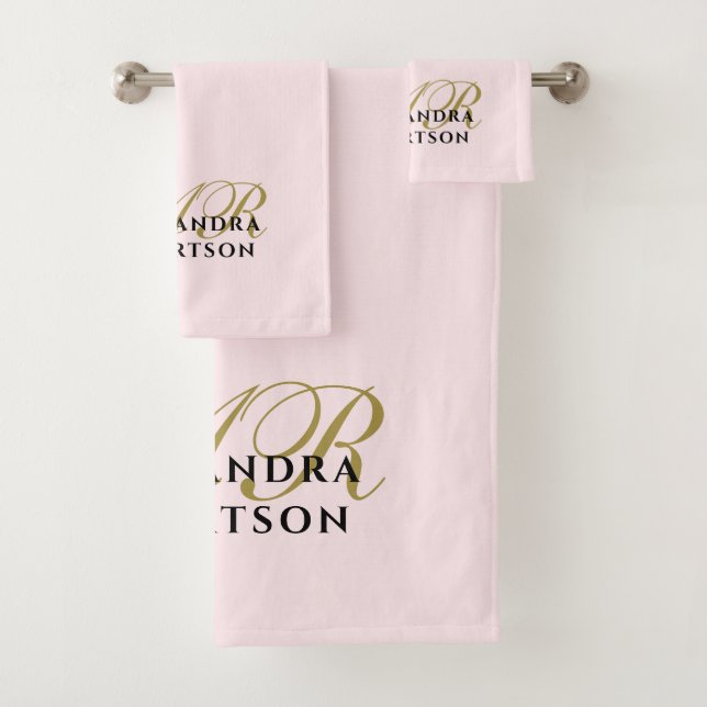 Conjunto De Toalhas Elegante Mínimo Negro Dourado Rosa-Rosa Monograma  (Insitu)
