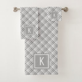 Conjunto De Toalhas Elegante Monograma Cinza Xadrez Branco