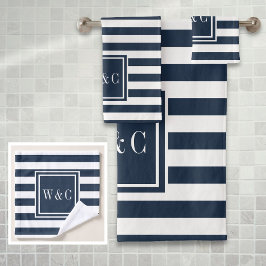Conjunto De Toalhas Elegante Monograma de Listra Azul Marinho Branco