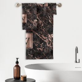 Conjunto De Toalhas Elegante Monograma de Mármore Preto e Dourado Rosa
