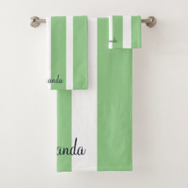 Conjunto De Toalhas Elegante Monograma Listrado em Verde Salvia